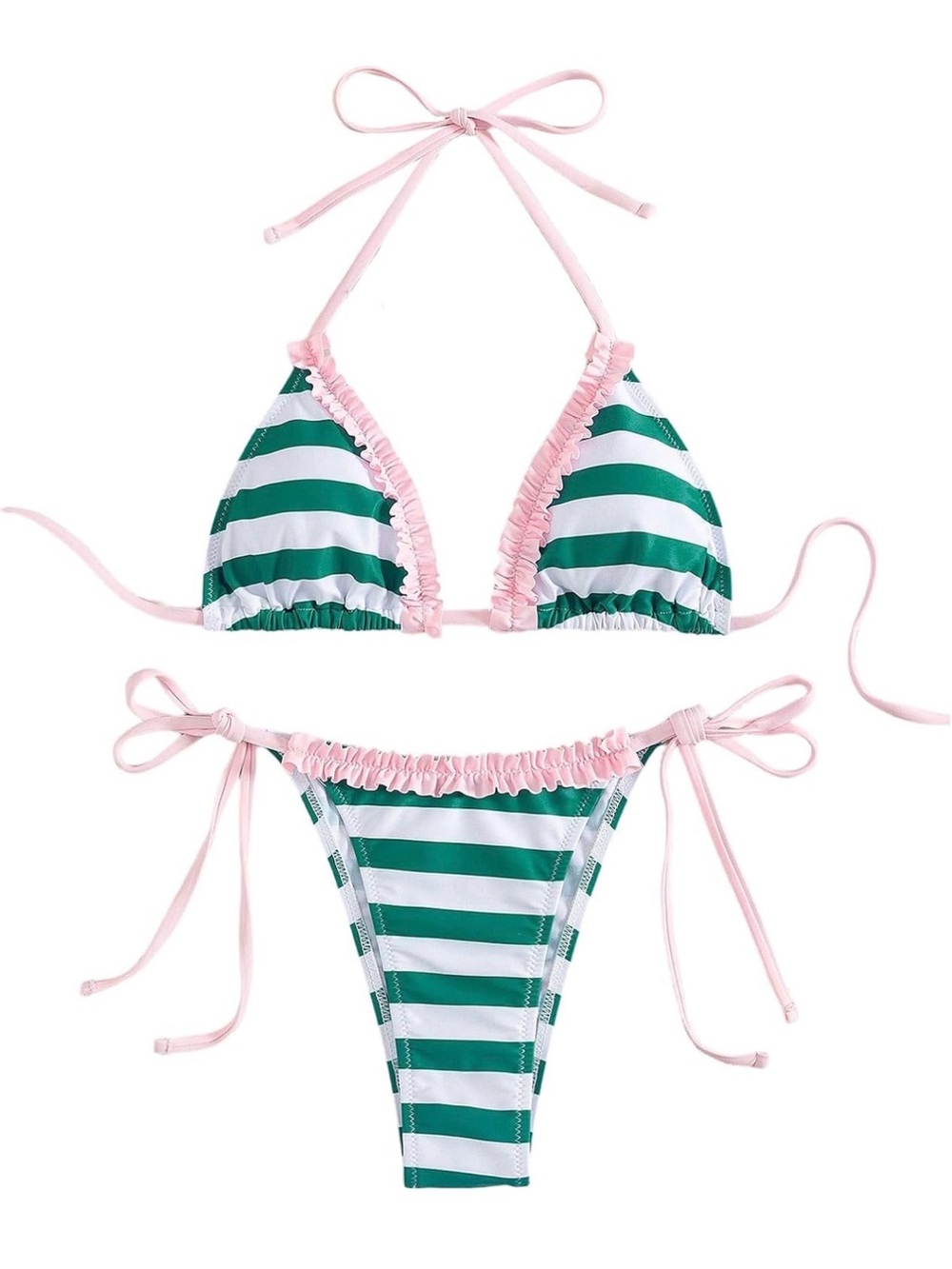 Green  & White Stripe Ruffle Bikini